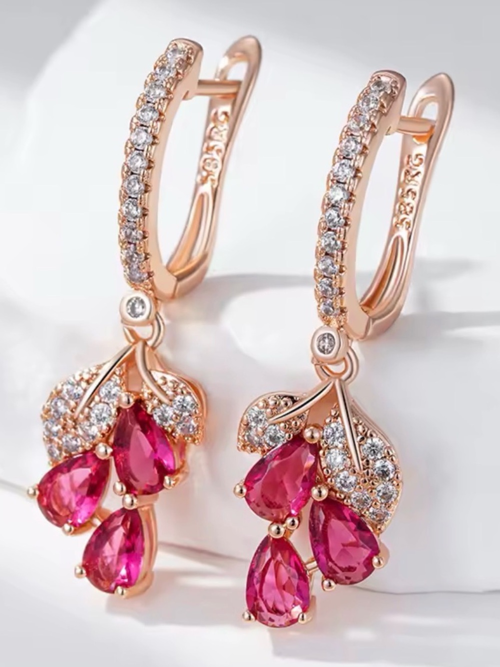 Rose Gold plated Pink Crystal Teardrop Dangle Earrings - Elegant Women Jewelry - Picture 5 of 9